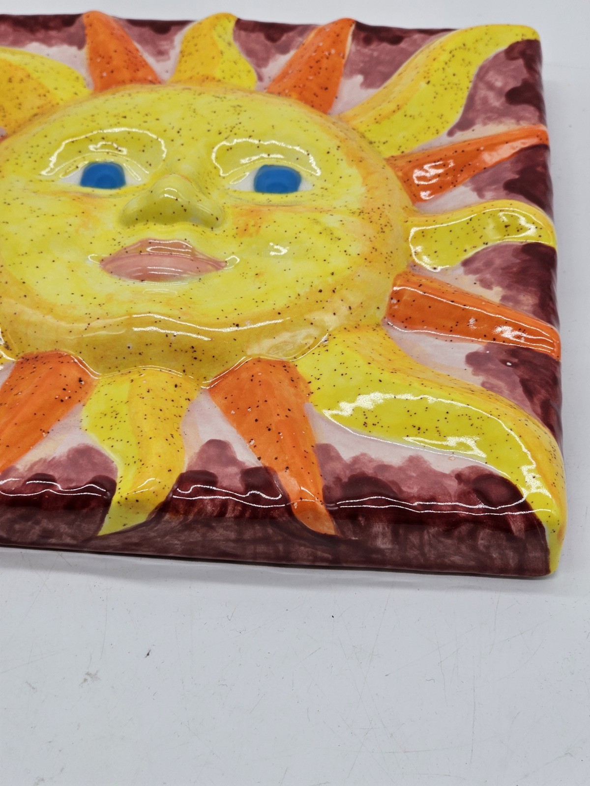Handmade Ceramic Smiling Sun Face Bright Colors 8×8″ Plaque Wall Art Summer