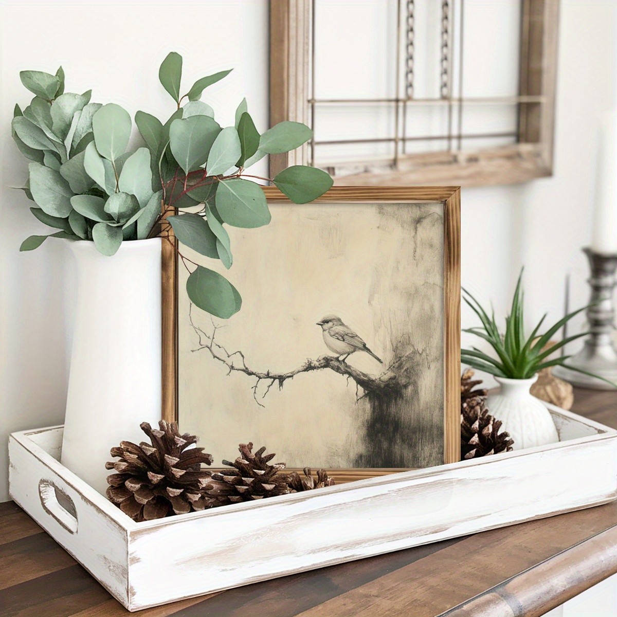 Vintage Bird Sketch Framed Art Retro Woodland Animal Wall Decor for Home Bedroom