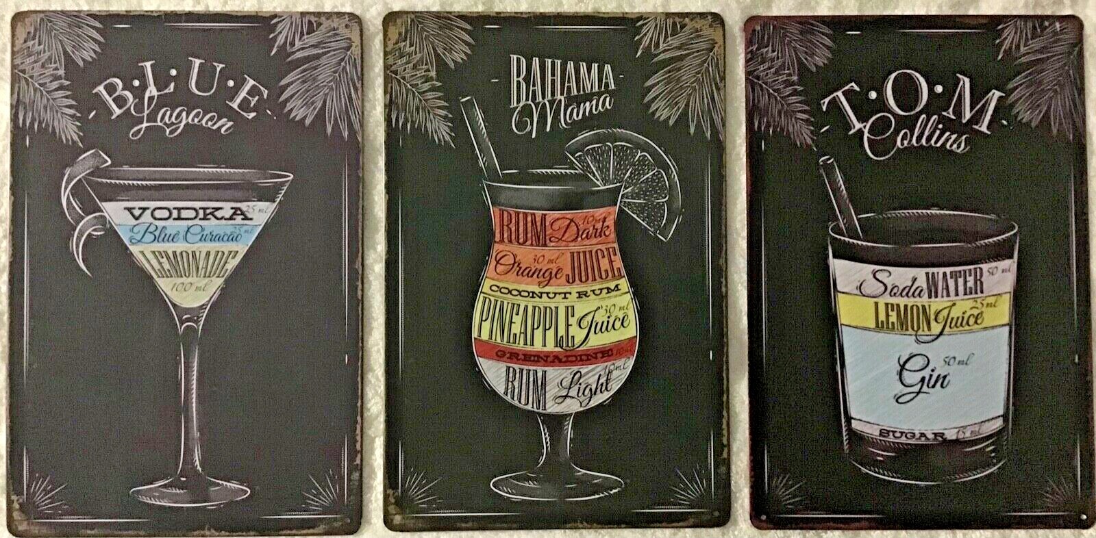 8×12 in TIN SIGNS 3 pc SET vodka rum gin Tom Collins Bahama mama blue lagoon BAR
