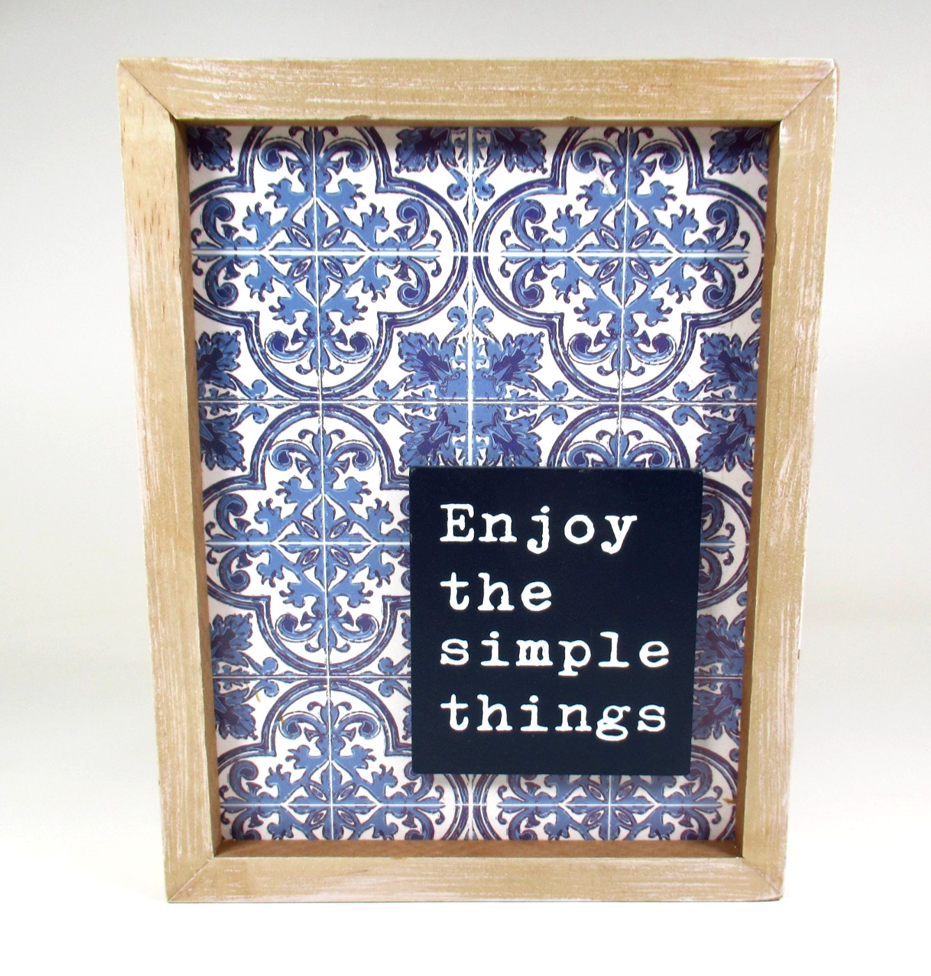 Enjoy the Simple Things Wooden Wall Sign Blue Tile Pattern Farmhouse Decor