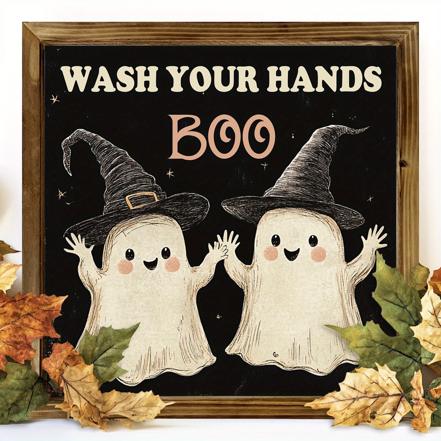 Wooden Frame Print Wash Your Hands Boo Ghost Witch Hat Halloween Wall Decor
