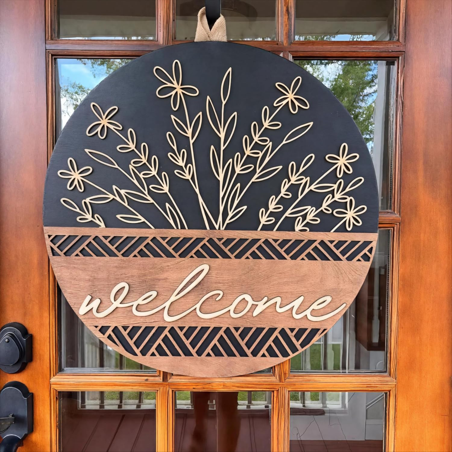 3D Welcome Sign for Front Door, Rustic round Wood Wreaths Wall Hanging Modern