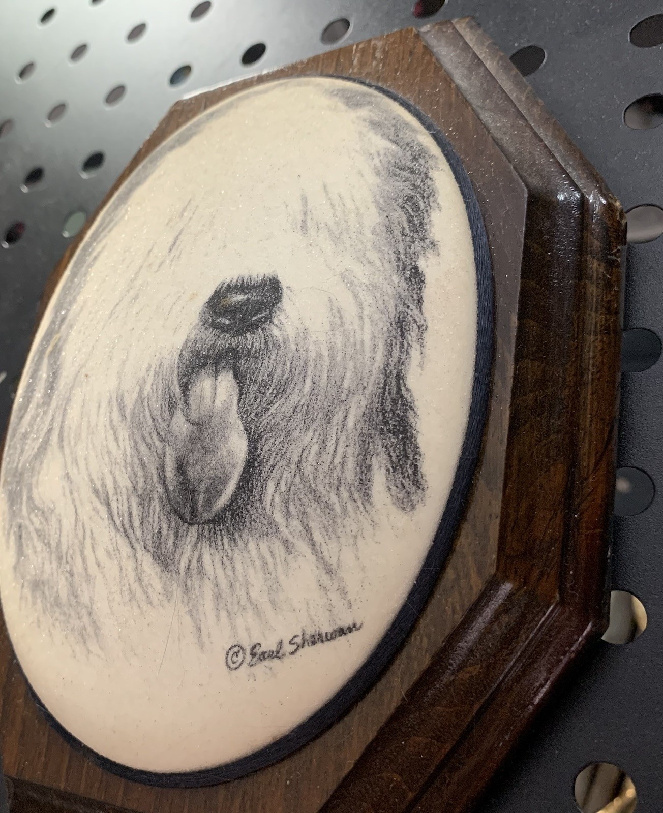 Vintage EARL SHERWAN English Sheepdog Etching Sand Wood Wall Plaque 7x 5.5″ Dog