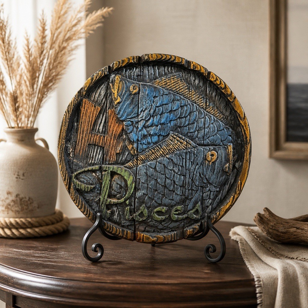 HAND PAINTED Plaster 3D Pisces, the Fish, Horoscope ZODIAC Astrology WALL PLAQUE