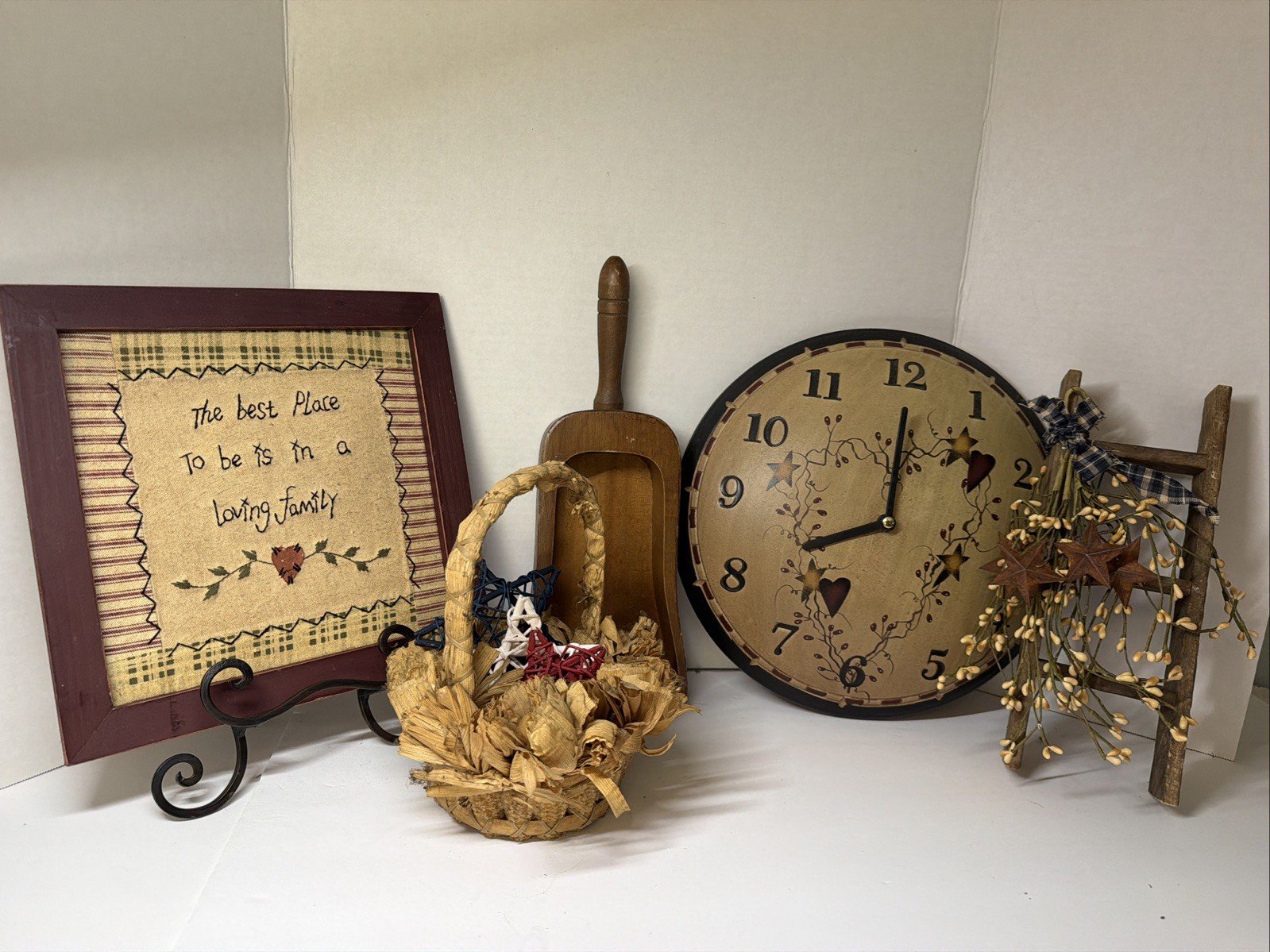 Lot Of Vintage Primitive Country Decor Farmhouse Wooden Scoop Clock Star Ladder