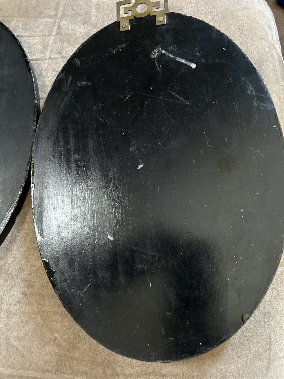 Vtg pair Asian Oval Wall Art Panel Black Lacquer Jade/Soapstone Oriental
