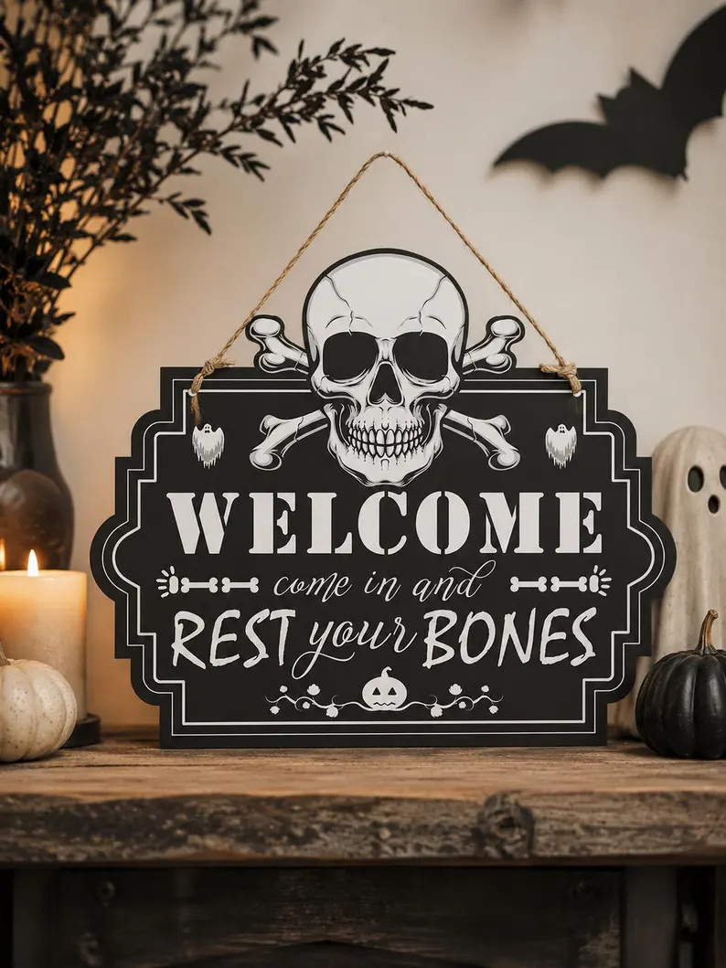 Gothic Skull Halloween Welcome Wooden Sign with Rope
