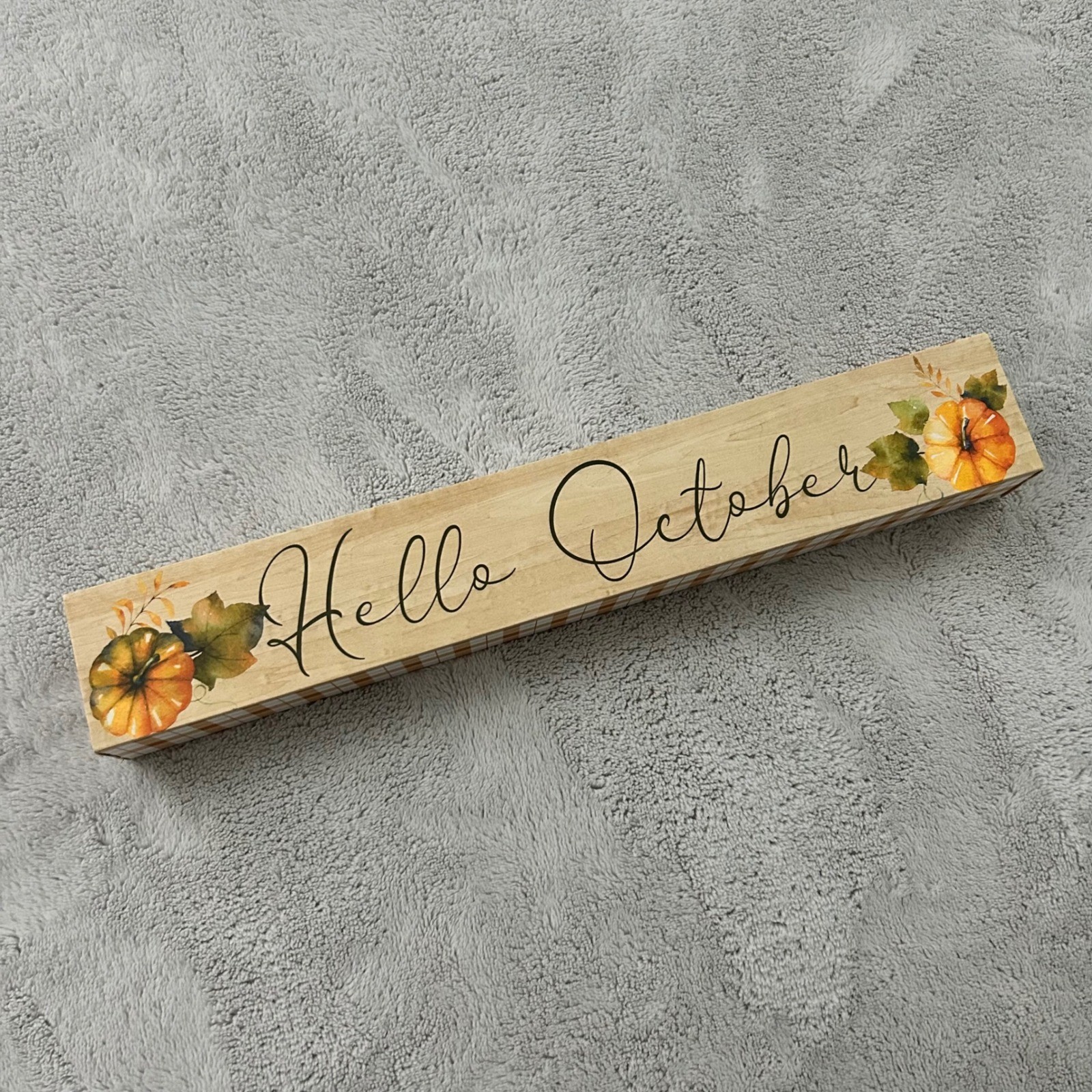 Hello October Wood Block Sign Fall Pumpkin Buffalo Plaid Wall Decor 12 Inch