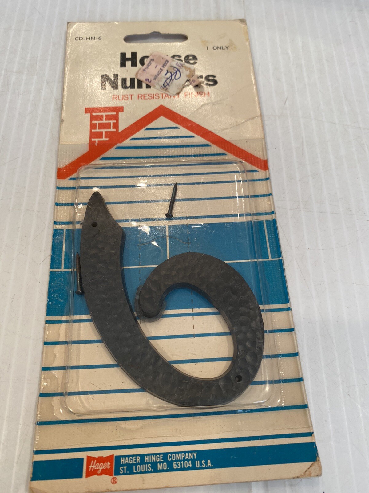 Vintage House Number 6 NOC 4” Black Mid Century By Hager Hinge Co Six