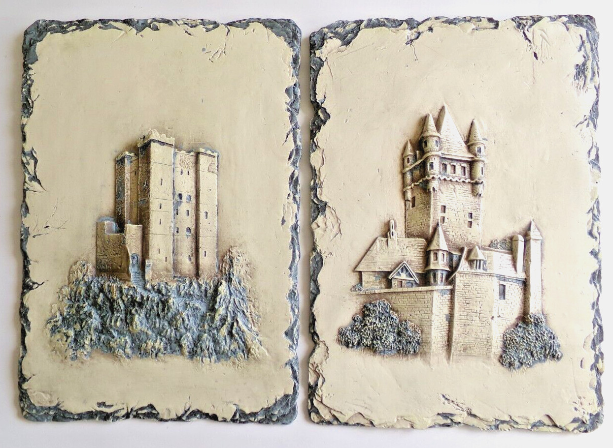 Decoline Hand Painted 3D Resin Plaque Hanging Castle, Wall Art 13.25″, Set of 2