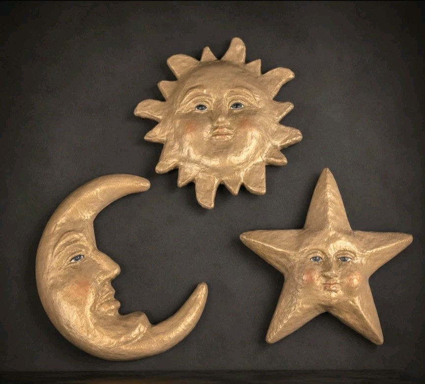 Celestial Chalkware Sun Moon Star Wall Decor Gold Plaster Large 3pc Set