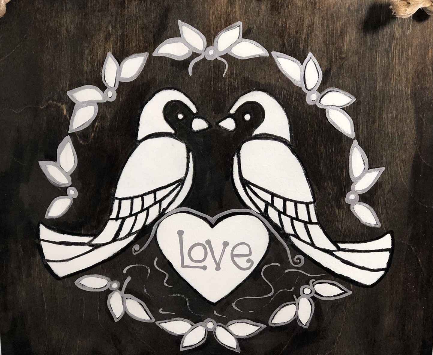Wood Sign Handmade Wedding New LOVE BIRDS Leaf Vine Rope Brown White Silver Hang