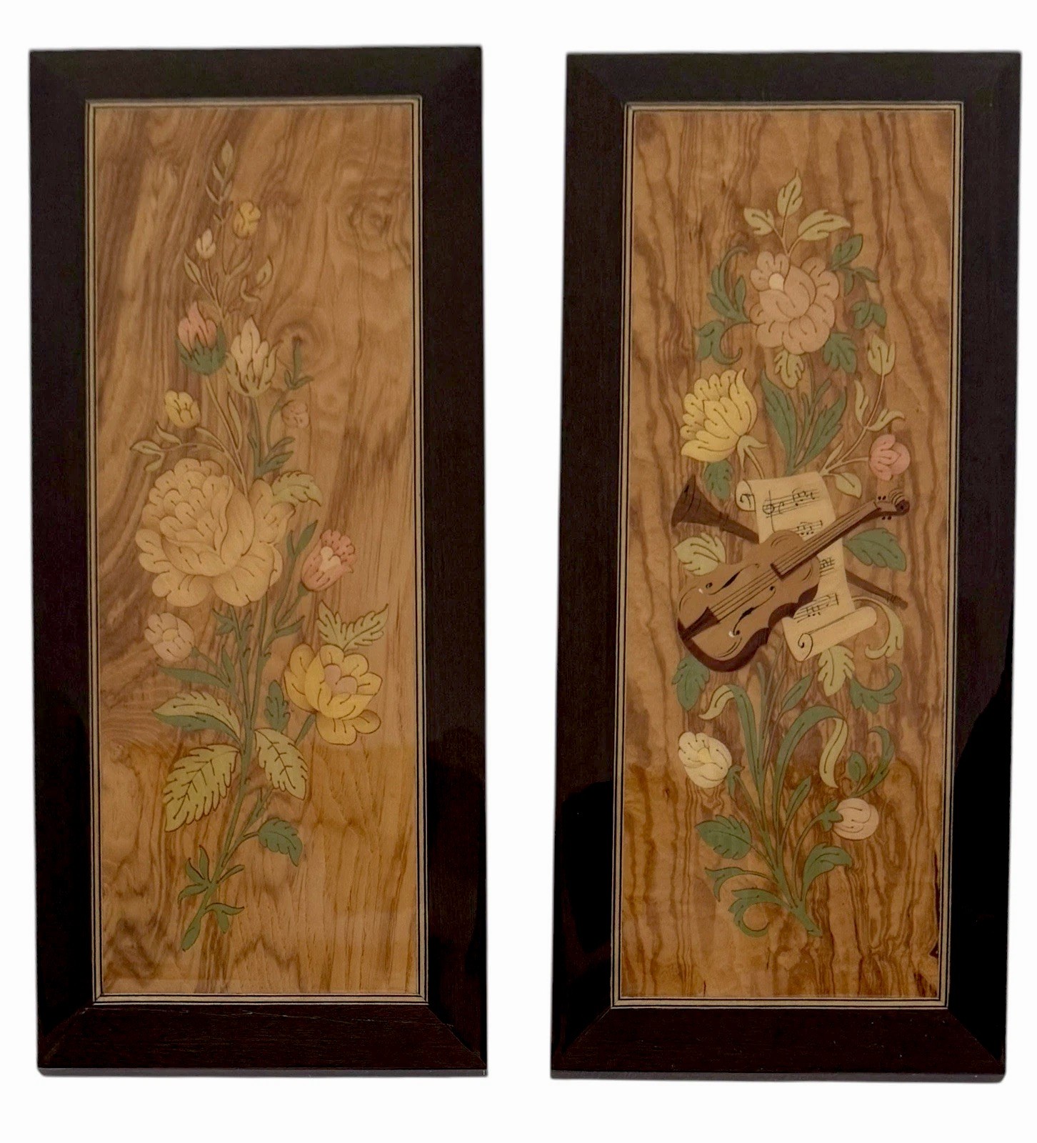 Vintage Italian Marquetry Wall Art Carved Wood Inlay Floral Violin Handcrafted