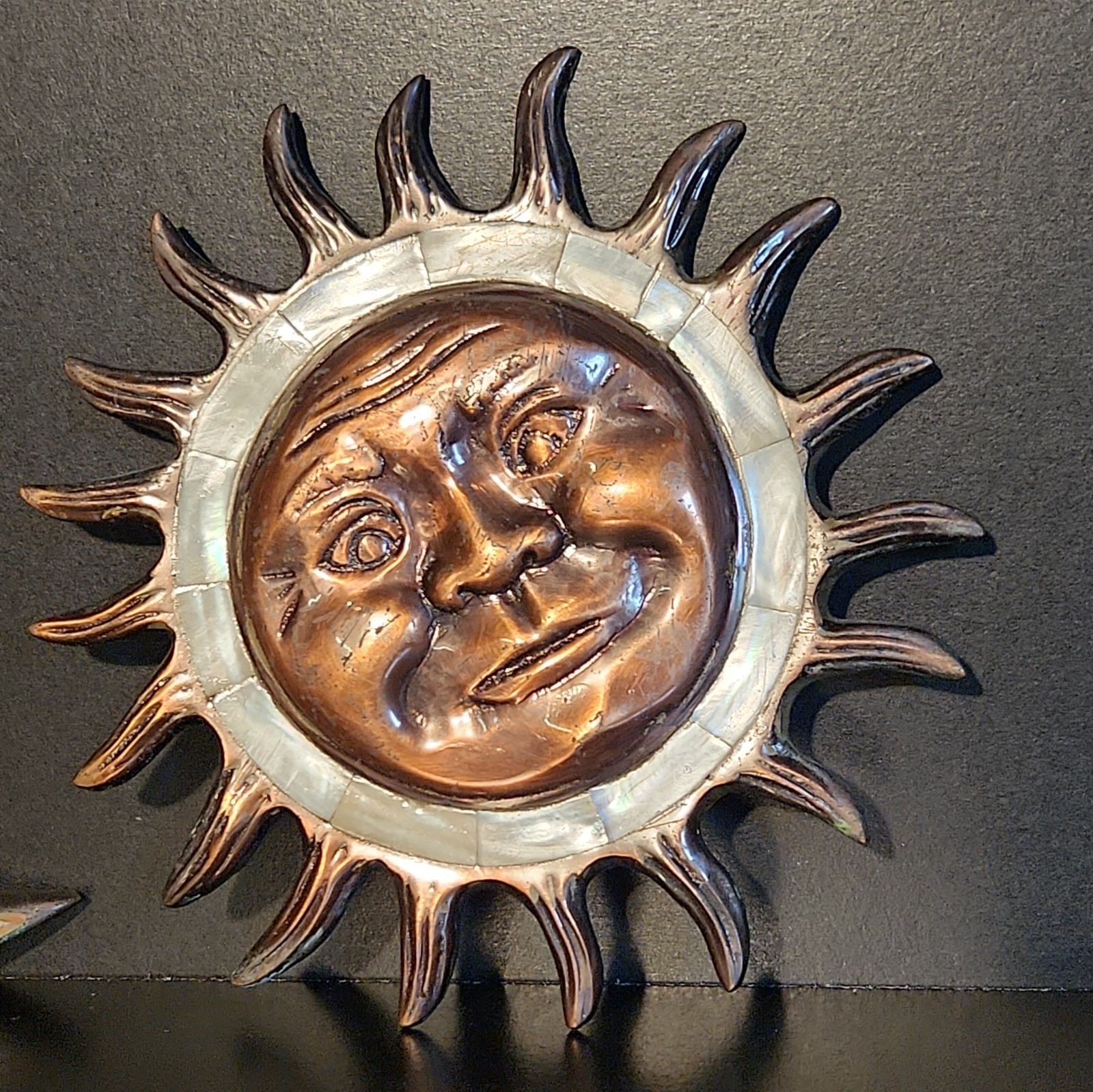 2 VTG Brass Celestial Sun and Moon Wall Plaques with Mother of Pearl Inlay India
