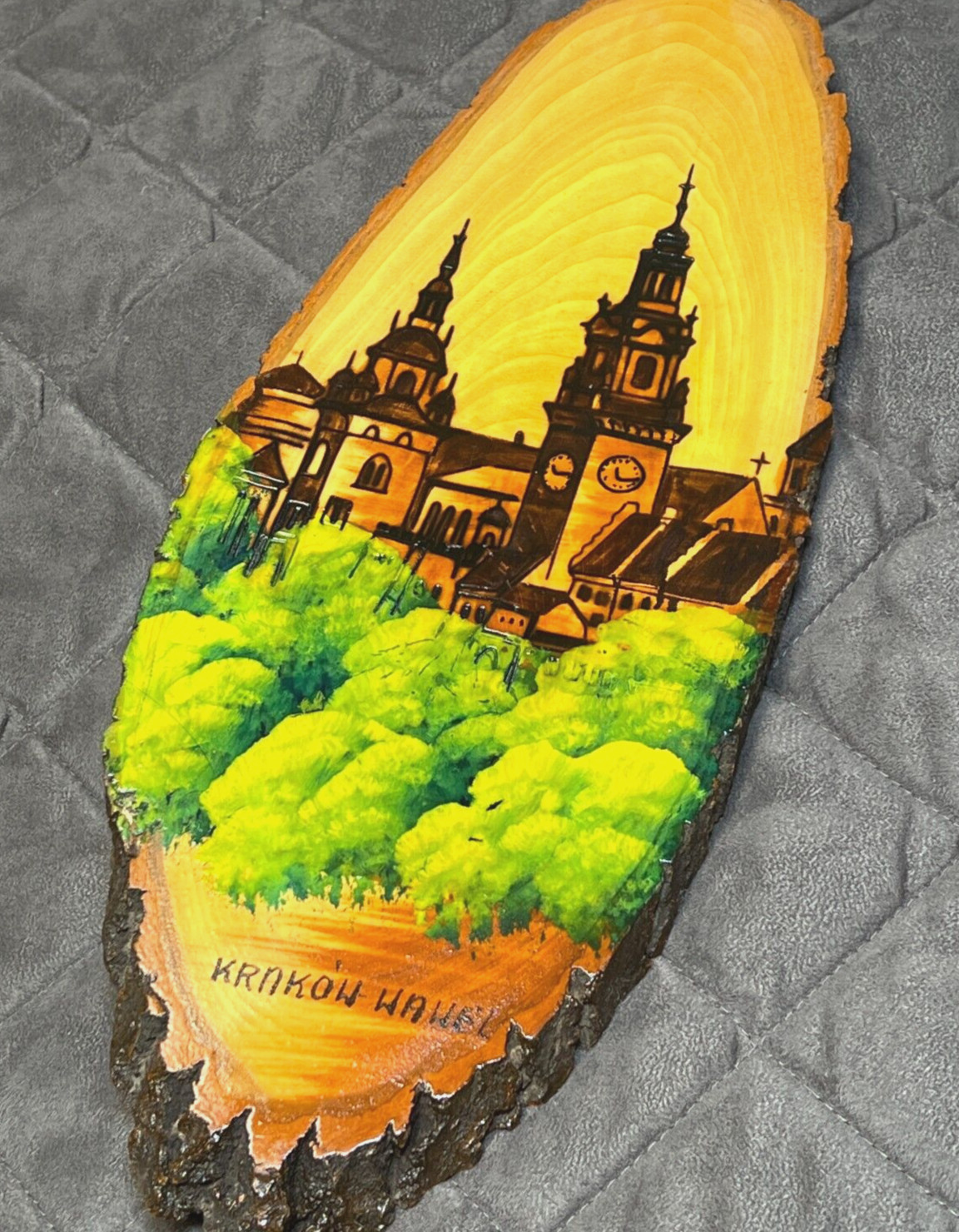 15″ Wood Slab Slice Art Wawel Cathedral Krakow Poland Wall Hanging Plaque