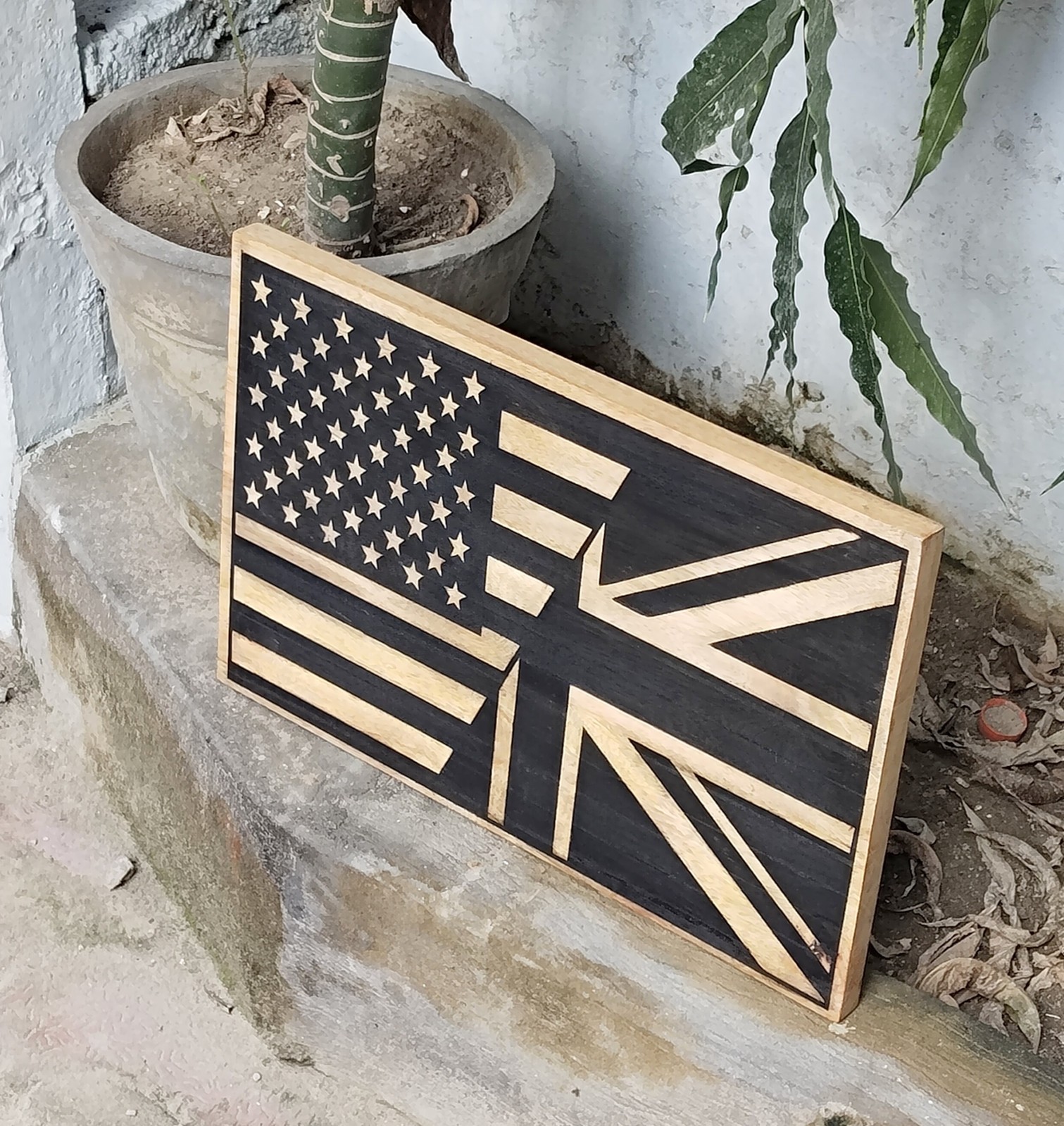 Wooden USA & UK Flag Wall Art Rustic American British Decor 18×12 Hanging