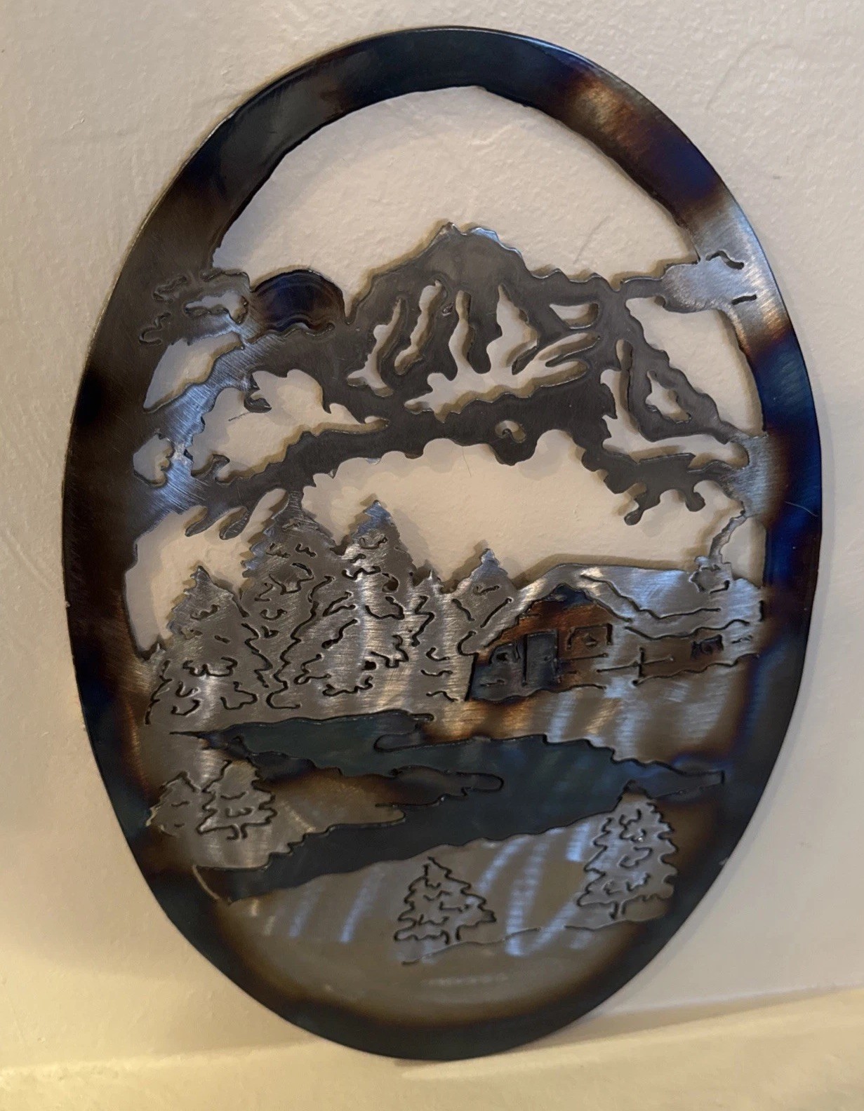 16” Cabin River Metal Trees Wall Art Decor Mountain Pinetree Scene Ready To Hang