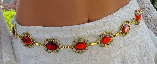 GEM CHAIN BELT- Elegant Vintage Style Ruby Floral Pattern Waist Chain