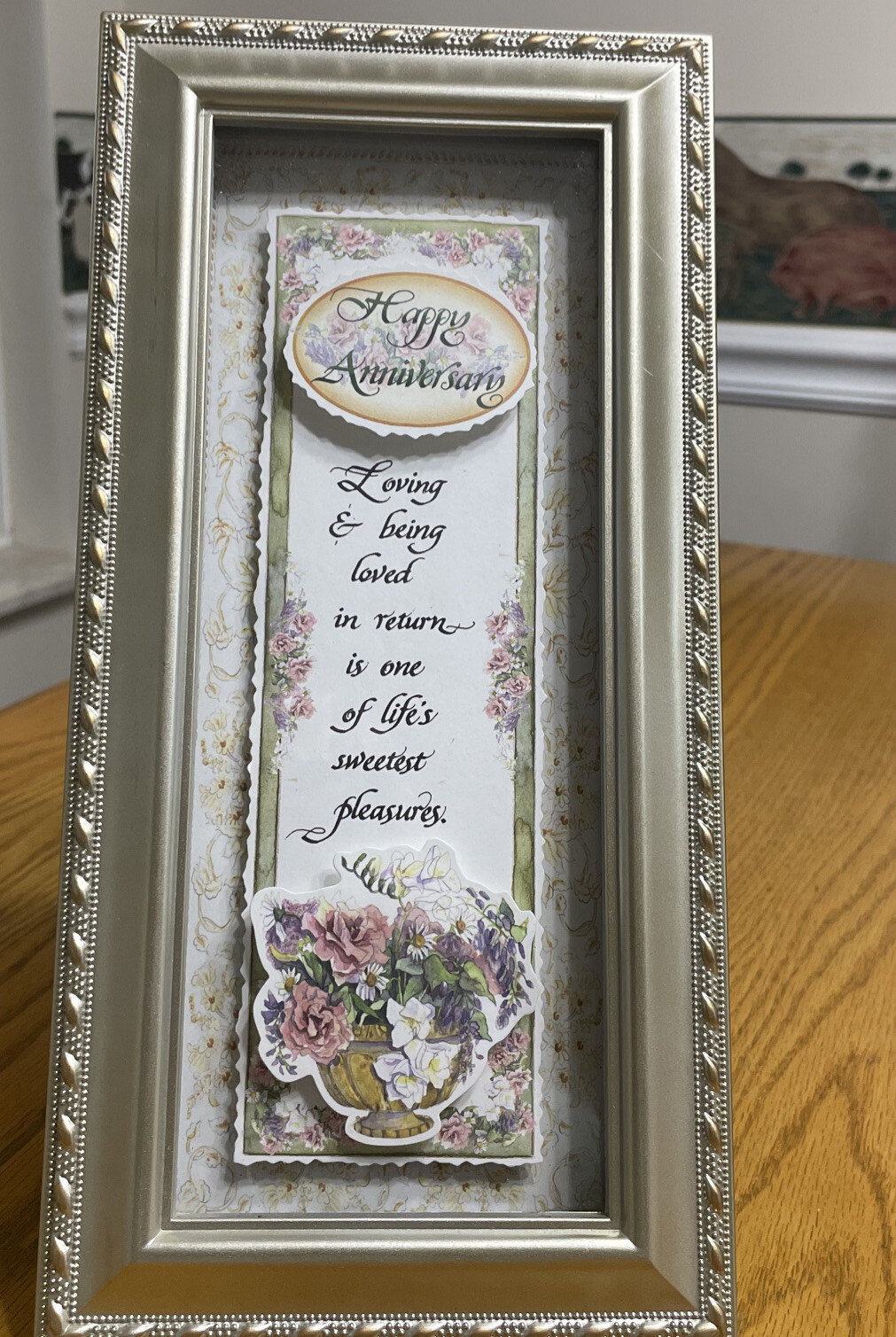 Happy Anniversary Plaque Silver Gold Framed 3D Floral Stand or Hang 11 3/4 x 6″