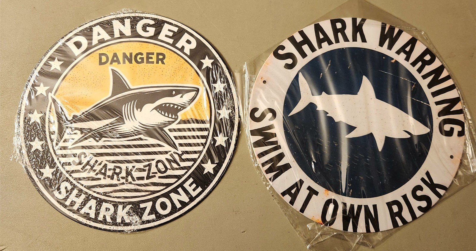 2 Round 8″ Metal Shark Warning Sign Danger Shark Zone Lot Beach Or Fun Pool Sign