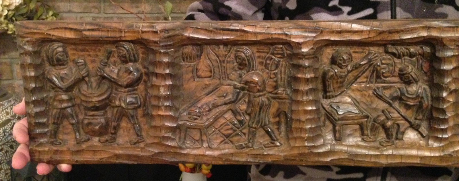VTG. Hand Carved Wood Story Board Wall Panel 39.5” Folk Art Architectural OOAK