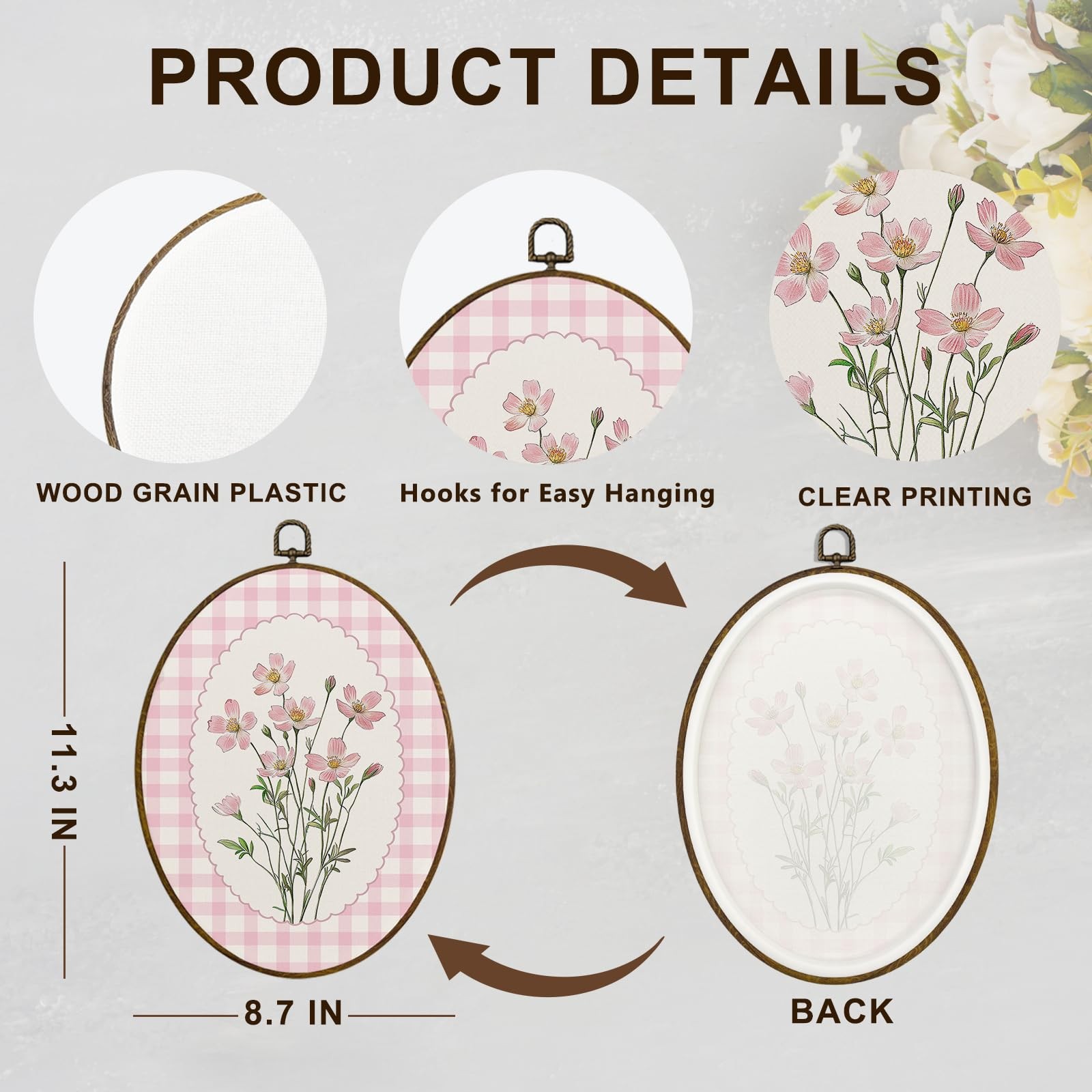 Pink Grandmillennial Floral Oval Wall Art Decor, Preppy Cottagecore Flower Fr…