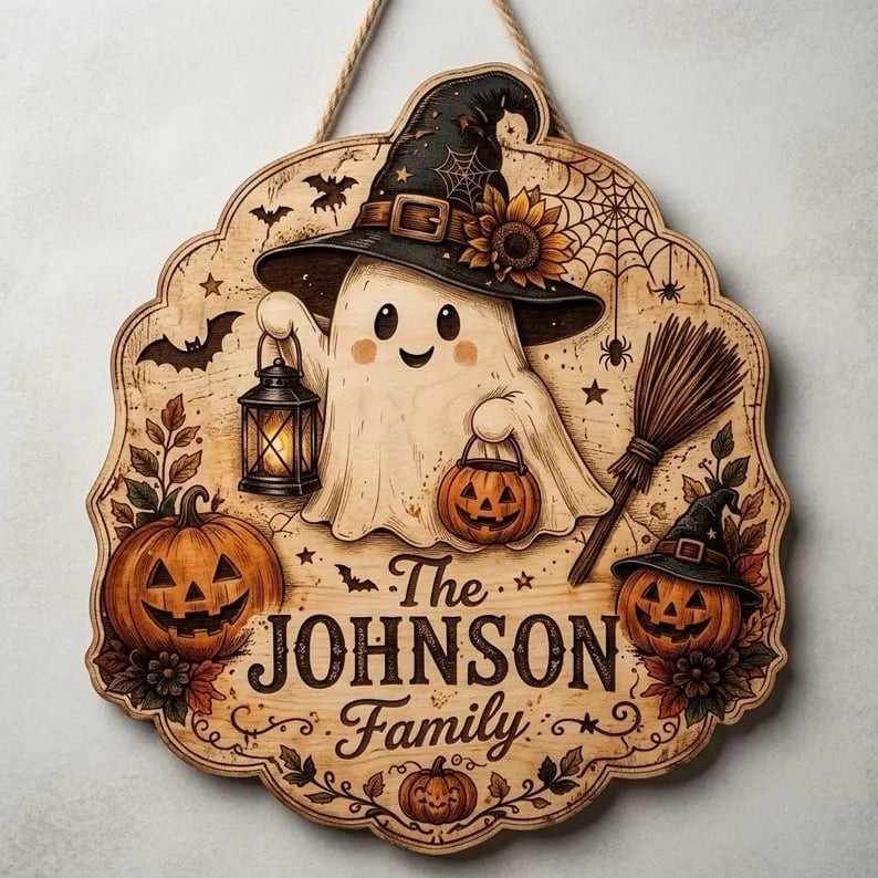 Personalized Halloween Ghost Door Hanger, Custom Family Name Wooden Sign