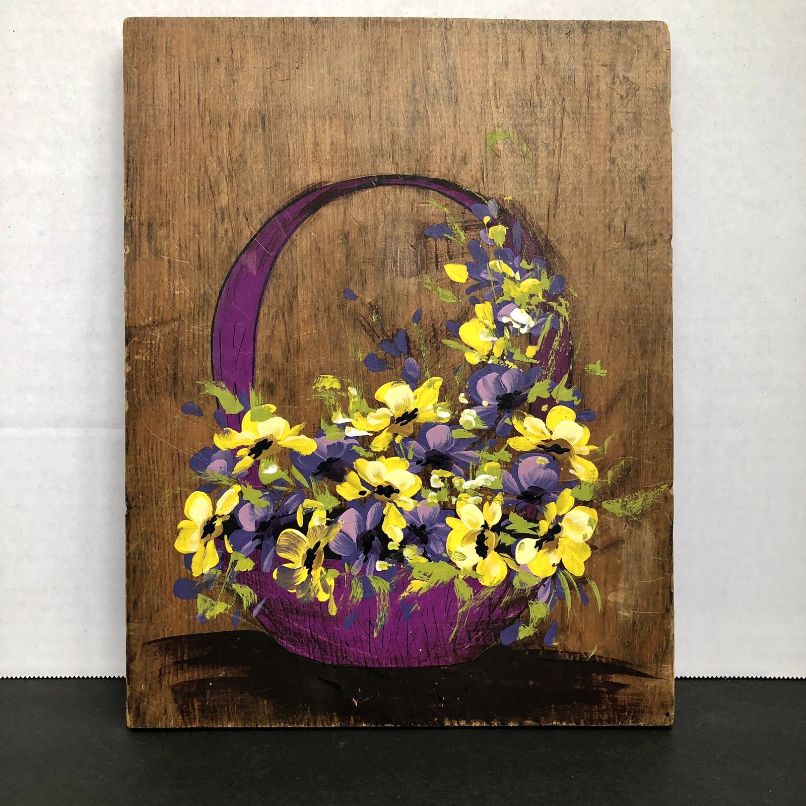 Hand Painted purple yellow Pansies Violets Reclaimed Wood Farmhouse Rustic Cabin