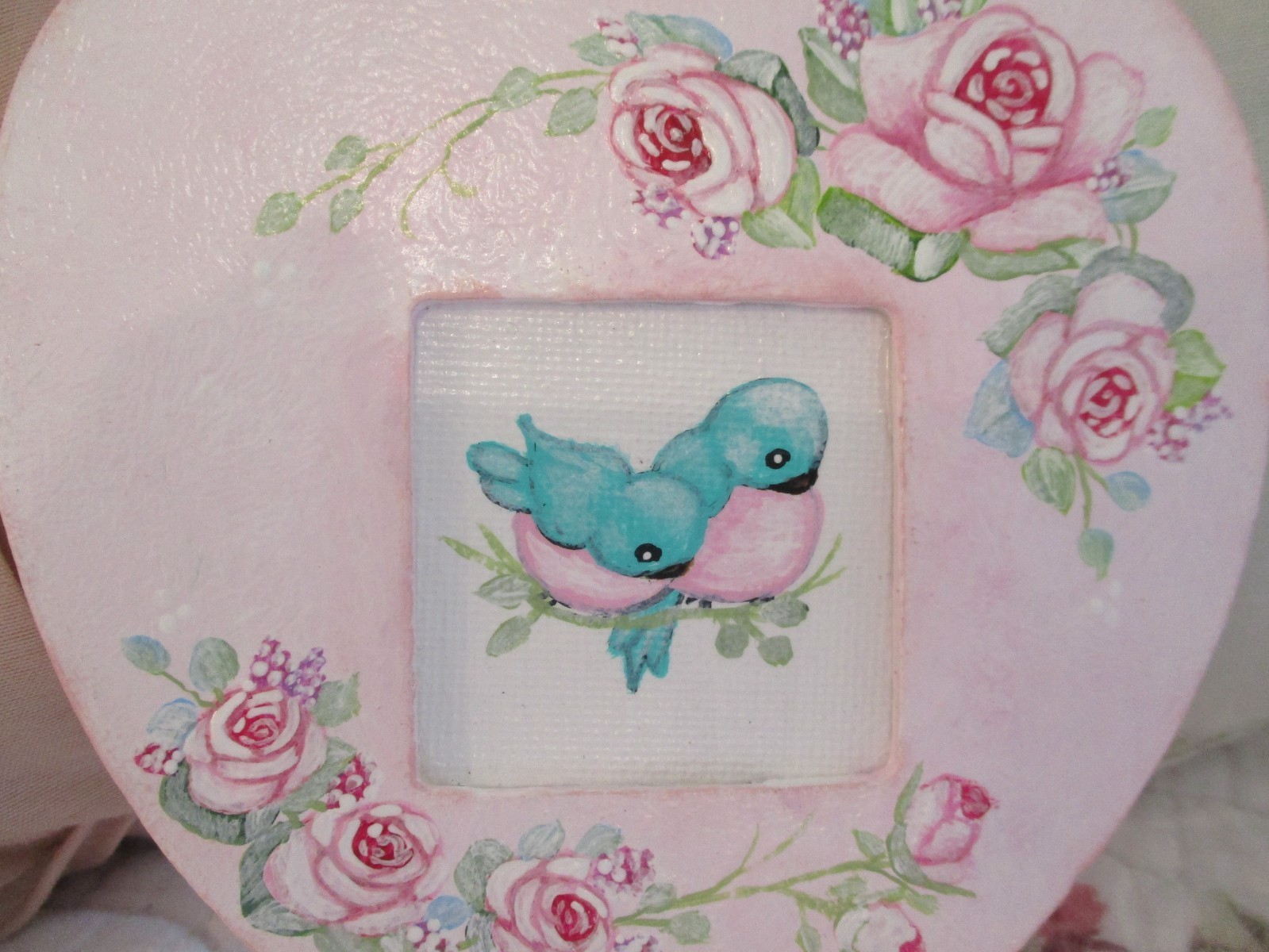 Set of Two – Hand Painted Petite Wood Heart Plaques with Birdies and Roses
