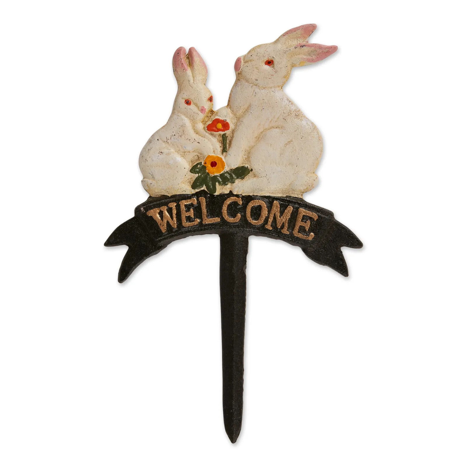Rabbit Family Garden Stake Welcome Cast Iron Bunnies Yard Lawn Decor 10 3/4″