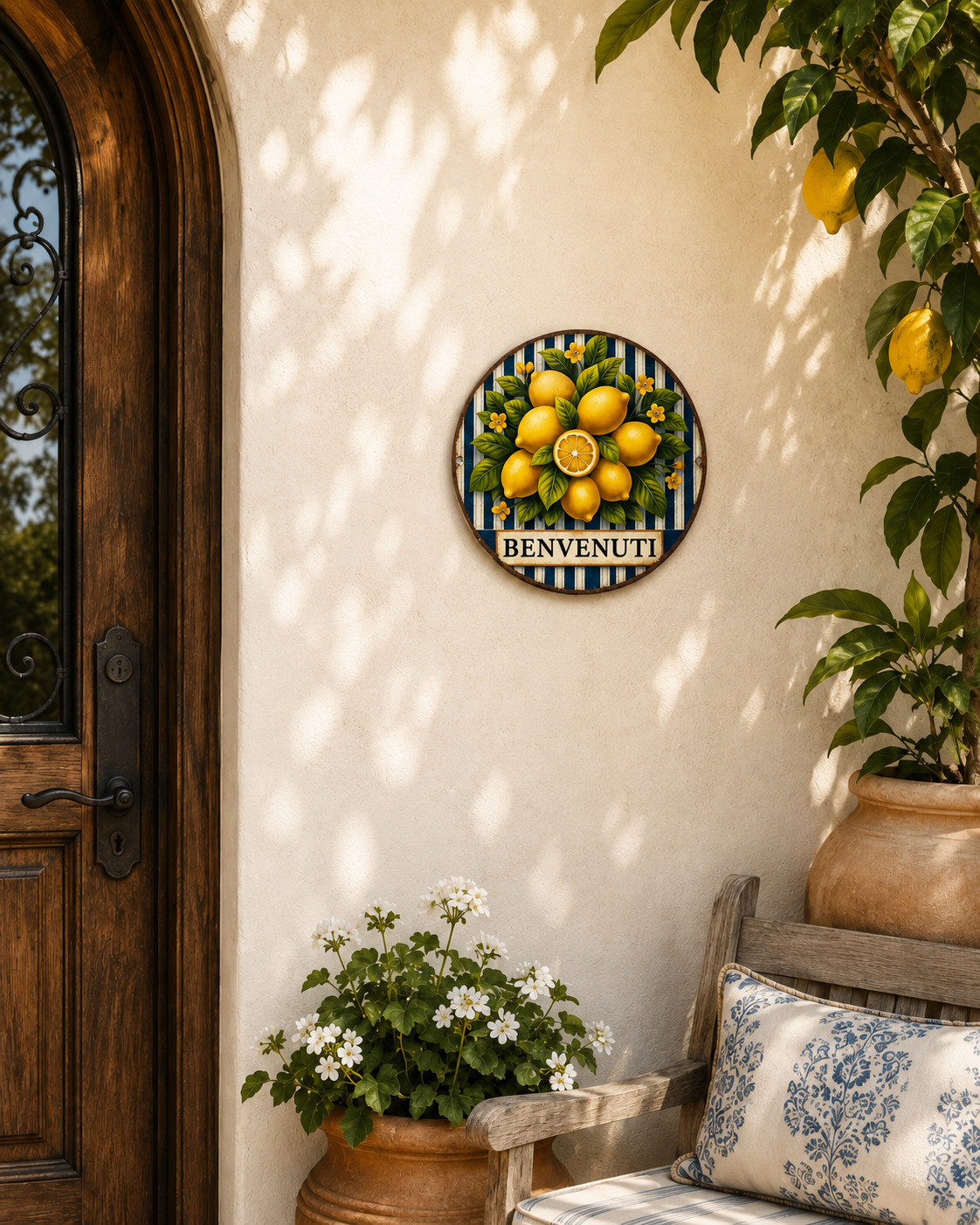 Italian Lemon Welcome Sign – Benvenuti Mediterranean Wall Decor – 7.87” Aluminum