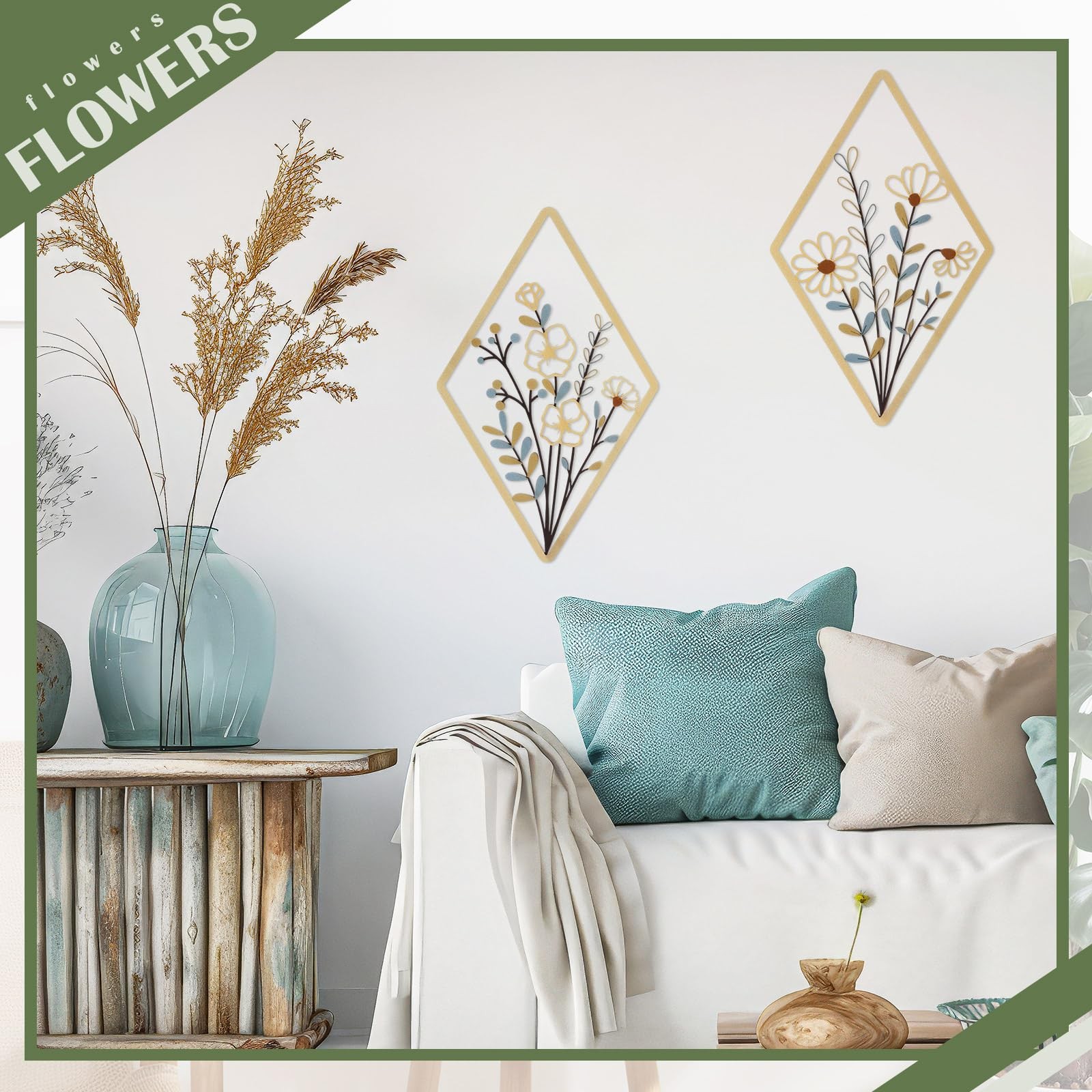 2 Pcs Metal Wall Art, Metal Flower Wall Decor, Modern Floral Art for Living R…