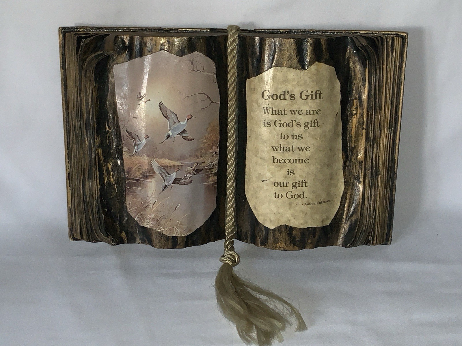 Vintage Resin Open Book Bible Plaque God’s Gift Quote Mallard Ducks Cabin Decor