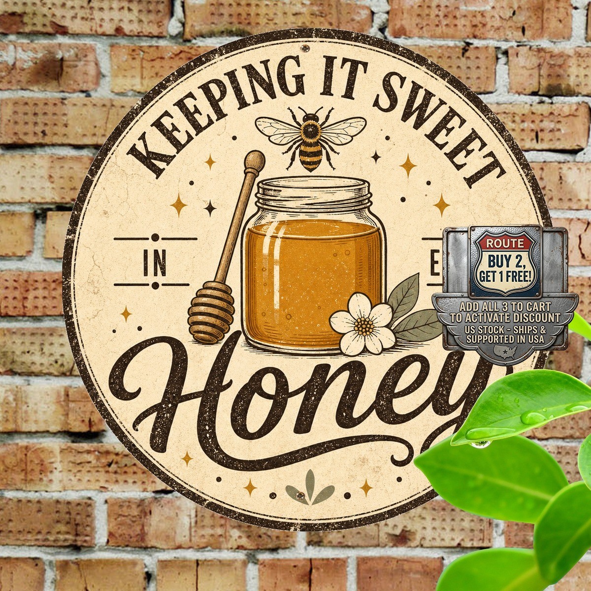 Sweet Honey Bee Hive Badge Sign Round 8×8 inch Farmhouse Kitchen Tin Plaque