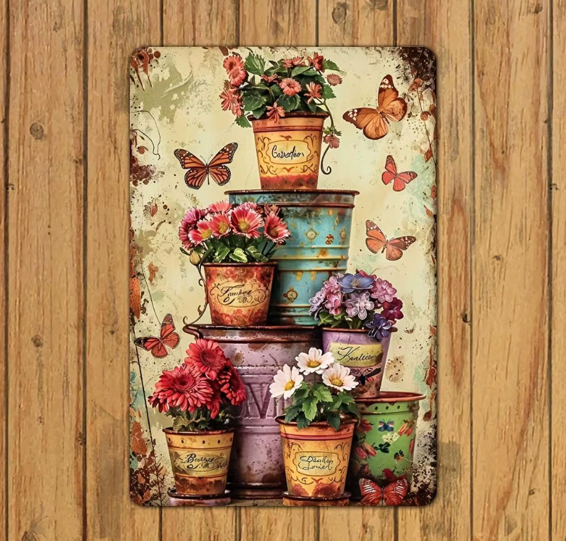Unique Rustic French Country Spring Plants Pots Colorful Metal Tin Sign 8 x 12
