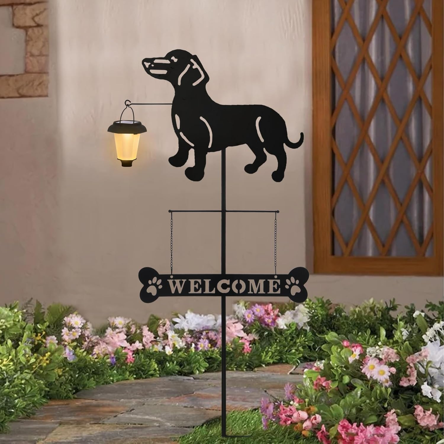 Solar Dachshund Silhouette Dog Breed Welcome Sign with a Lantern Outdoor