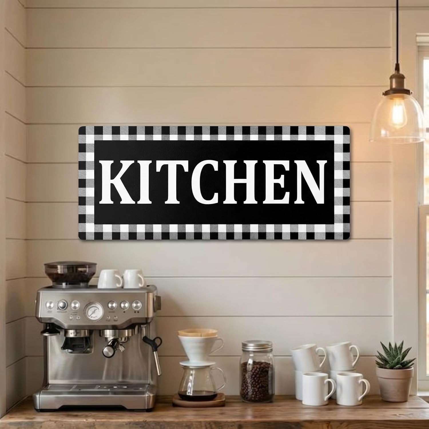 Kitchen Sign Buffalo Plaid Wooden Black and White Wall Decor 13.8″ x 5.1″ Rustic