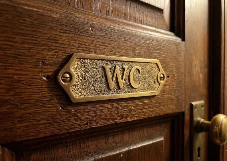 Solid Brass “WC” Door Sign Vintage Antique Victorian Cast Metal Plaque Embossed