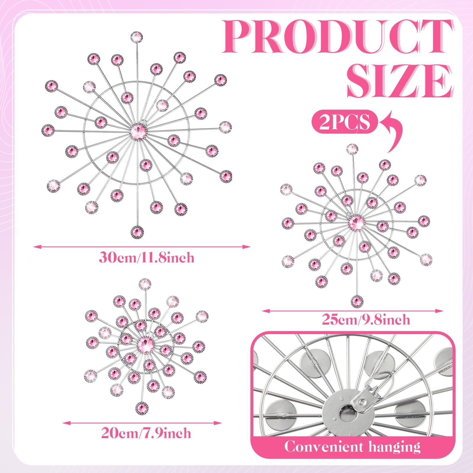 4 Pcs Pink Metal Wall Decor Bling Crystal Wall Art Cast Iron Rhinestones Sunb…
