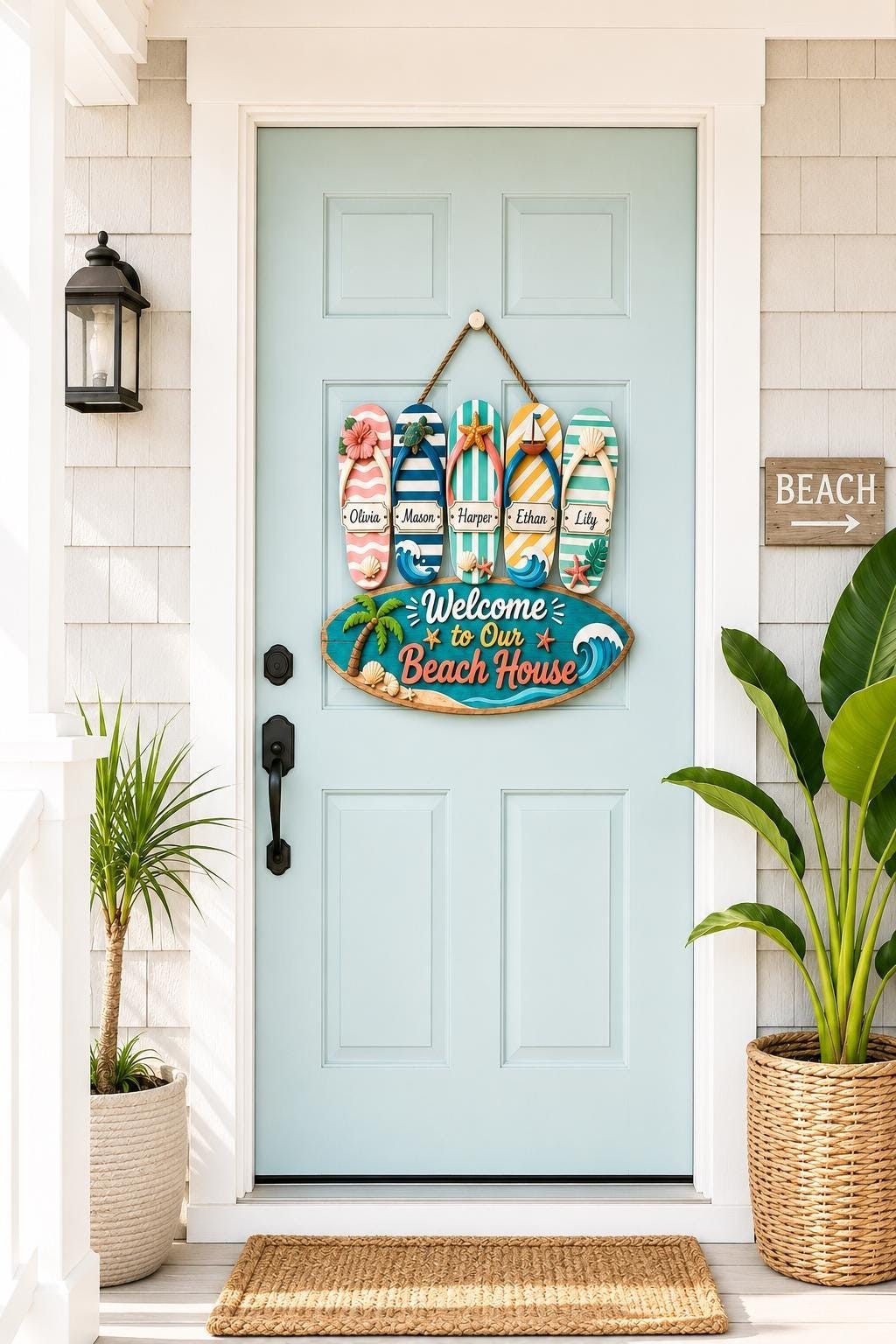 Personalized Beach House Wood Sign, Custom Family Flip Flop Door Hanger Decor