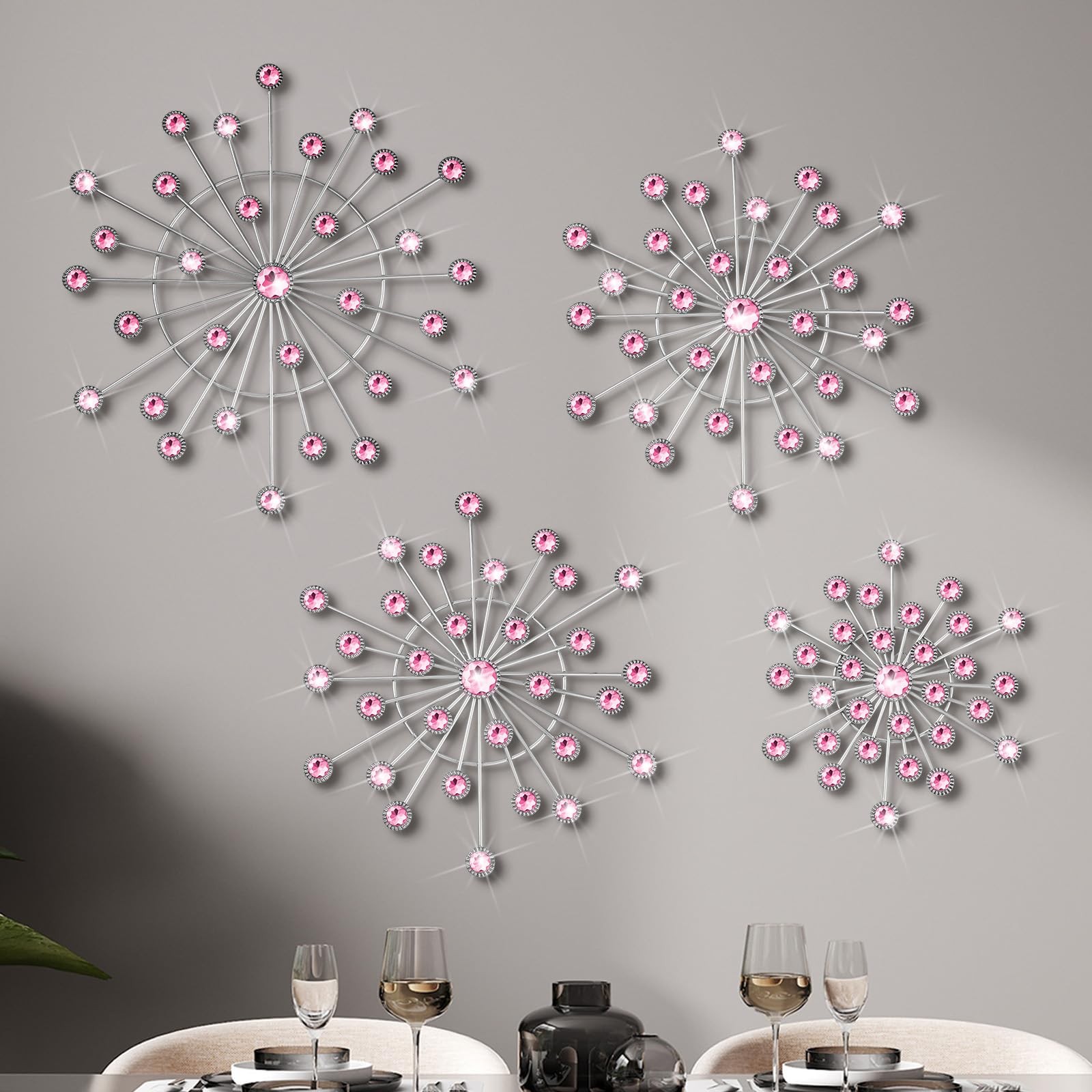 4 Pcs Pink Metal Wall Decor Bling Crystal Wall Art Cast Iron Rhinestones Sunb…