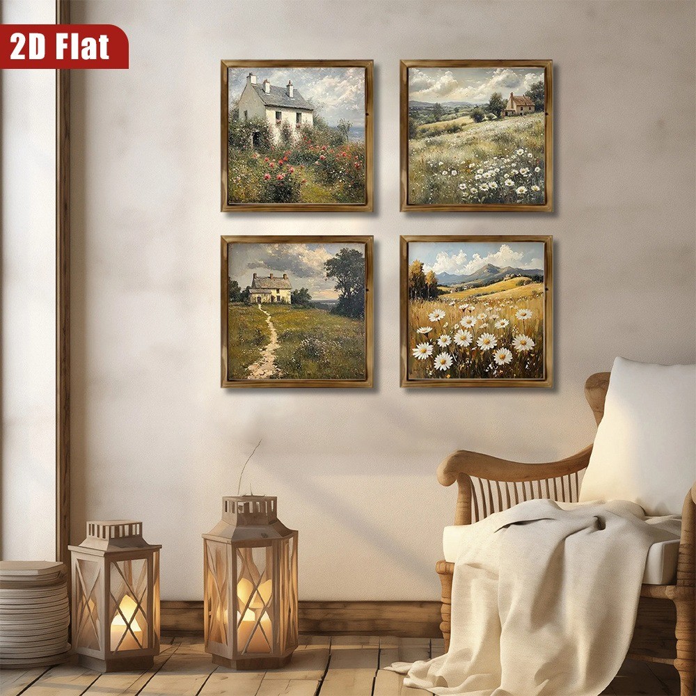 4Pcs Rustic Landscape Wooden Painting Rural Castle Kitchen Farmed Wall Decor