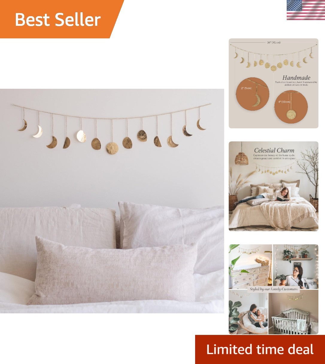 Elegant 36″ Gold Moon Phase Wall Decor for Bohemian Bedrooms – Gift-Ready