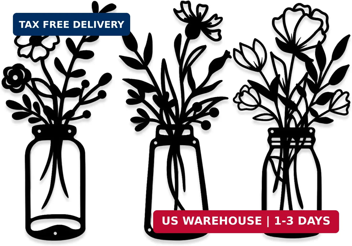 3 Piece Metal Flower Wall Art Black Farmhouse Decor with Mounting Kit