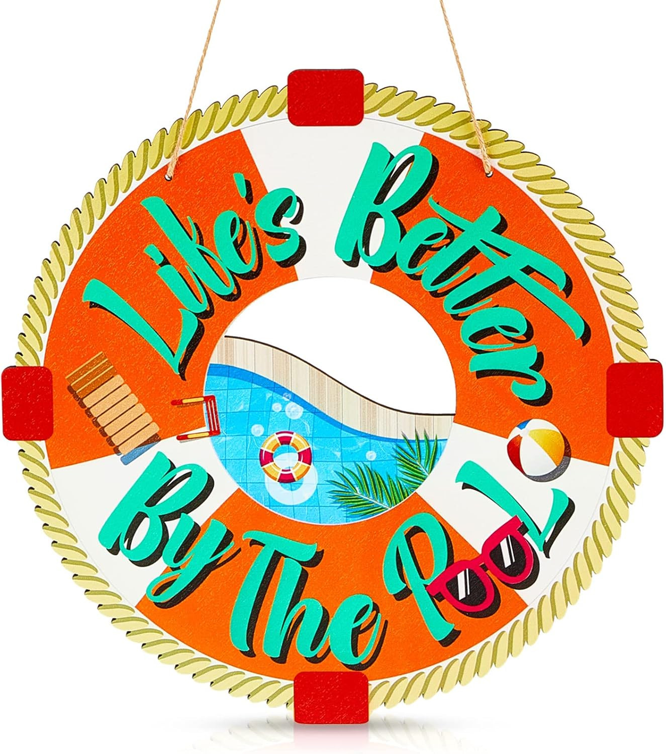 Life is Better by The Pool Sign Summer Wooden Lifesaver Rings Outdoor Pool Decor