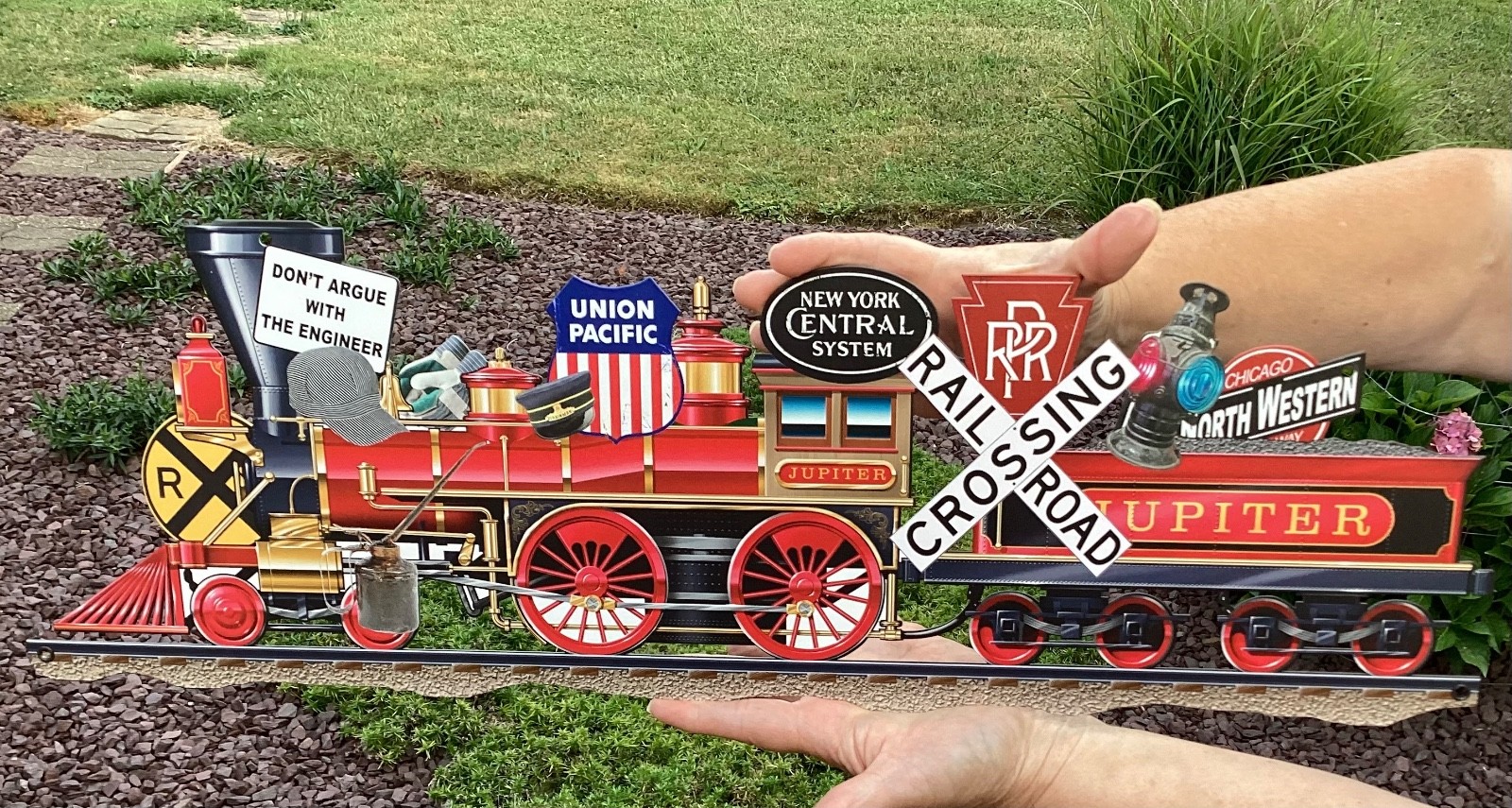 Railroad Train Sign Party Decoration – Collage Trains 24 in. by 8 in. w/ stands