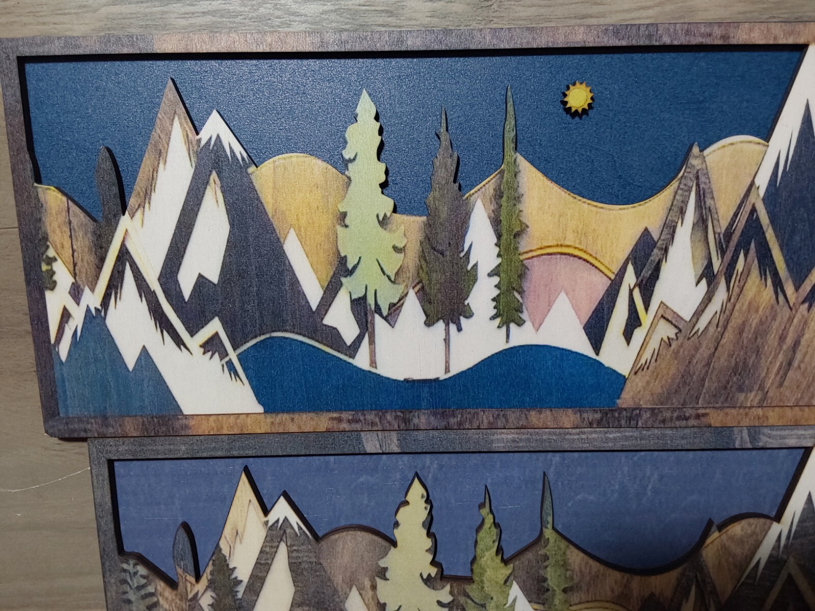 Rustic 3D Wooden Wall Art Multicolor Mountain Scenes Night Day 15.75×6.25 Cabin