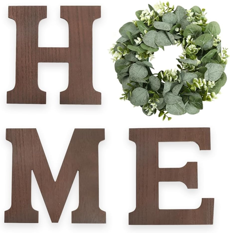 Wood Home Sign with Artificial Eucalyptus Wreath for O, Hanging Farmhouse Wall H
