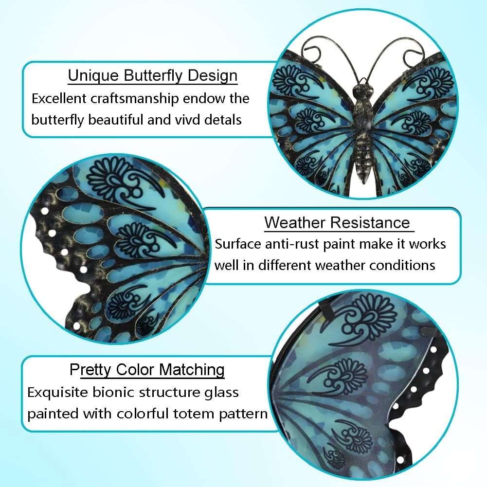 Metal Butterfly Wall Decor Glass Outdoor Wall Art Sculptures 12″ Hanging Gard…