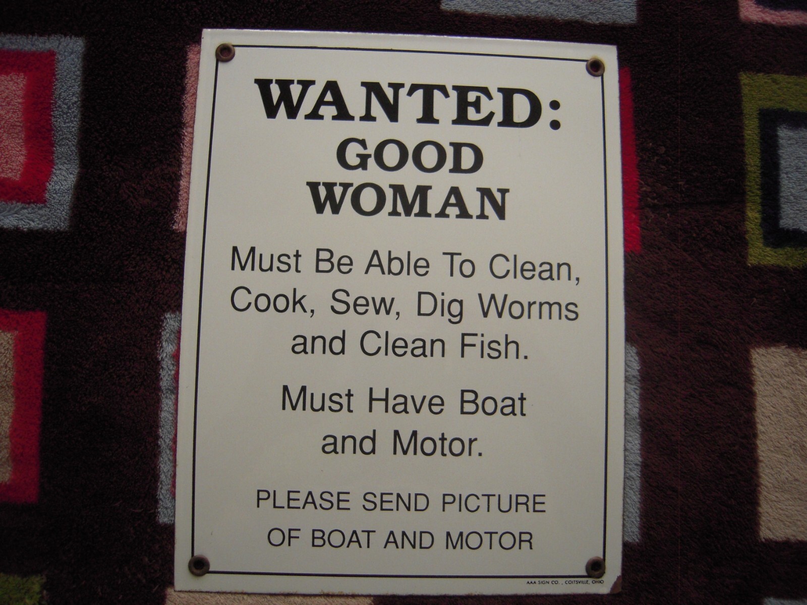 VTG WANTED: GOOD WOMAN NOVELTY WHITE W BLACK LETTERS METAL SIGN 8-1/2″ X 11″